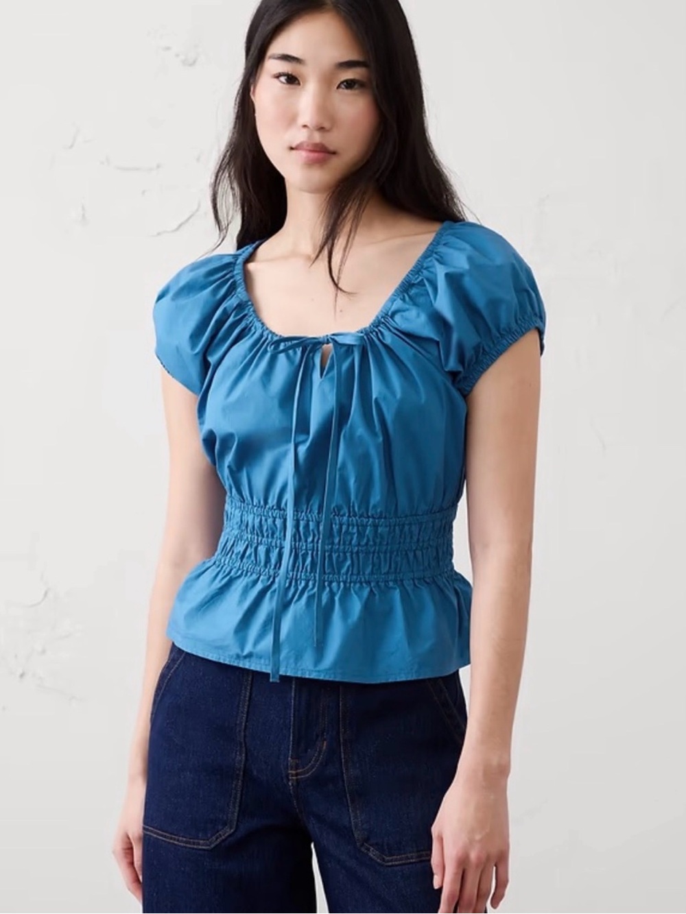 Banana Republic Teal Blue Short-Sleeve Smocked Waist Blouse